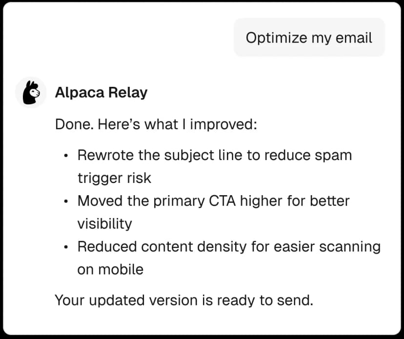 AI assistant showing email optimization improvements