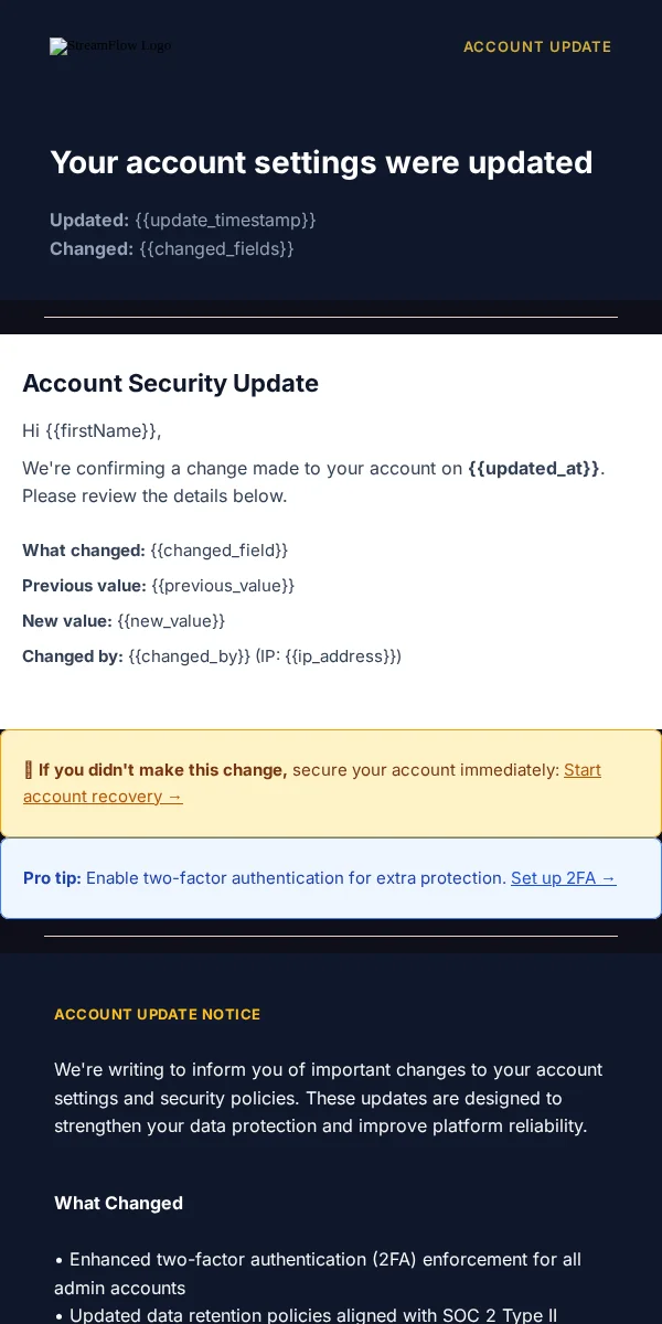 Account Update Email Template for Entertainment & Media