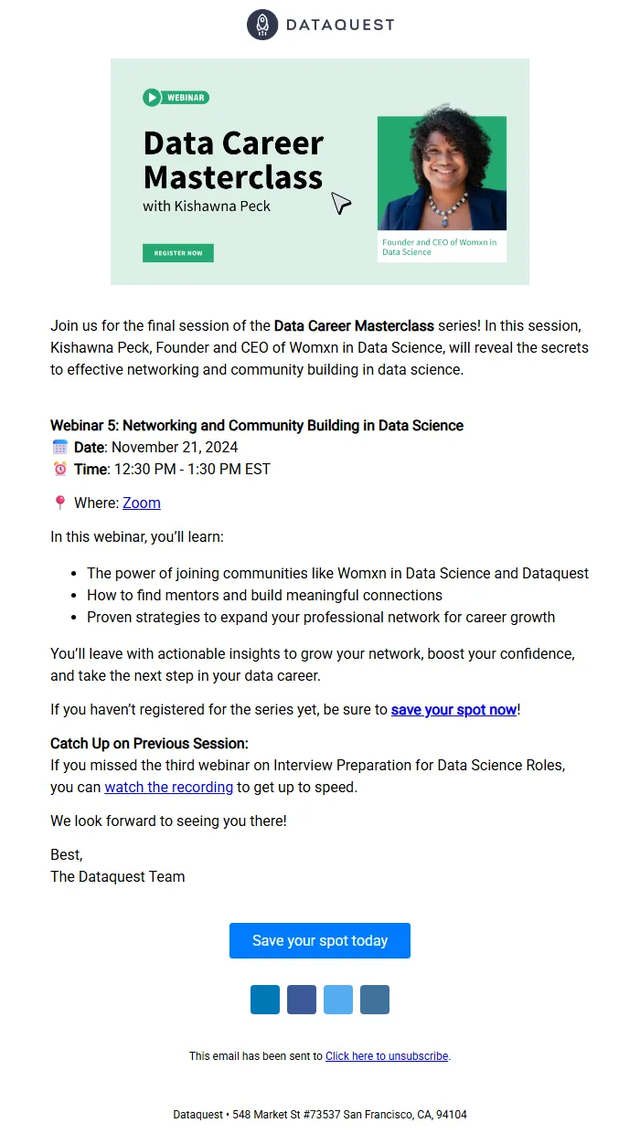 Data Science Networking Webinar Email Template
