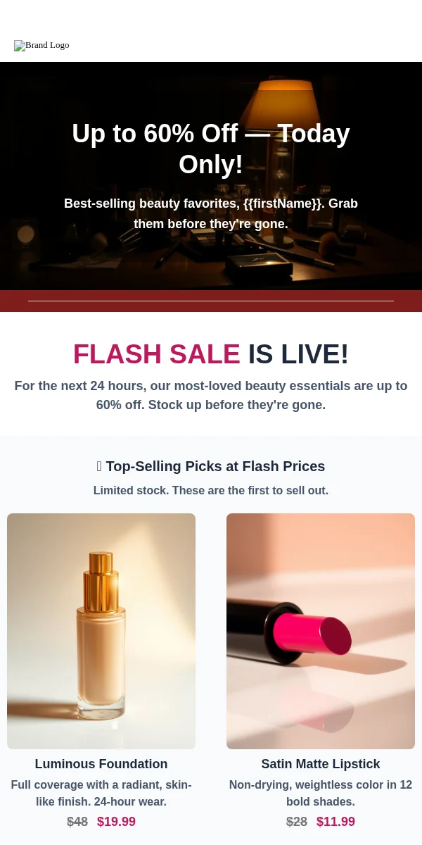 Flash Sale Email Template for Beauty Cosmetics