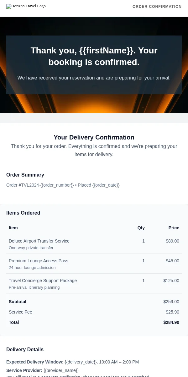 Delivery Confirmation Email Template for Travel Hospitality
