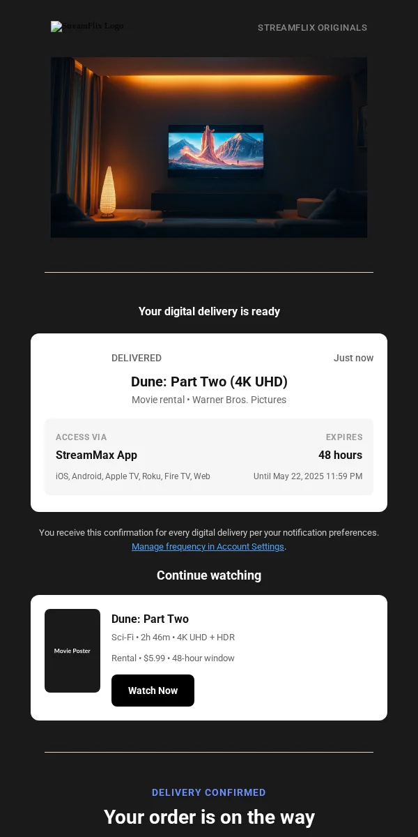 Delivery Confirmation Email Template for Entertainment Media