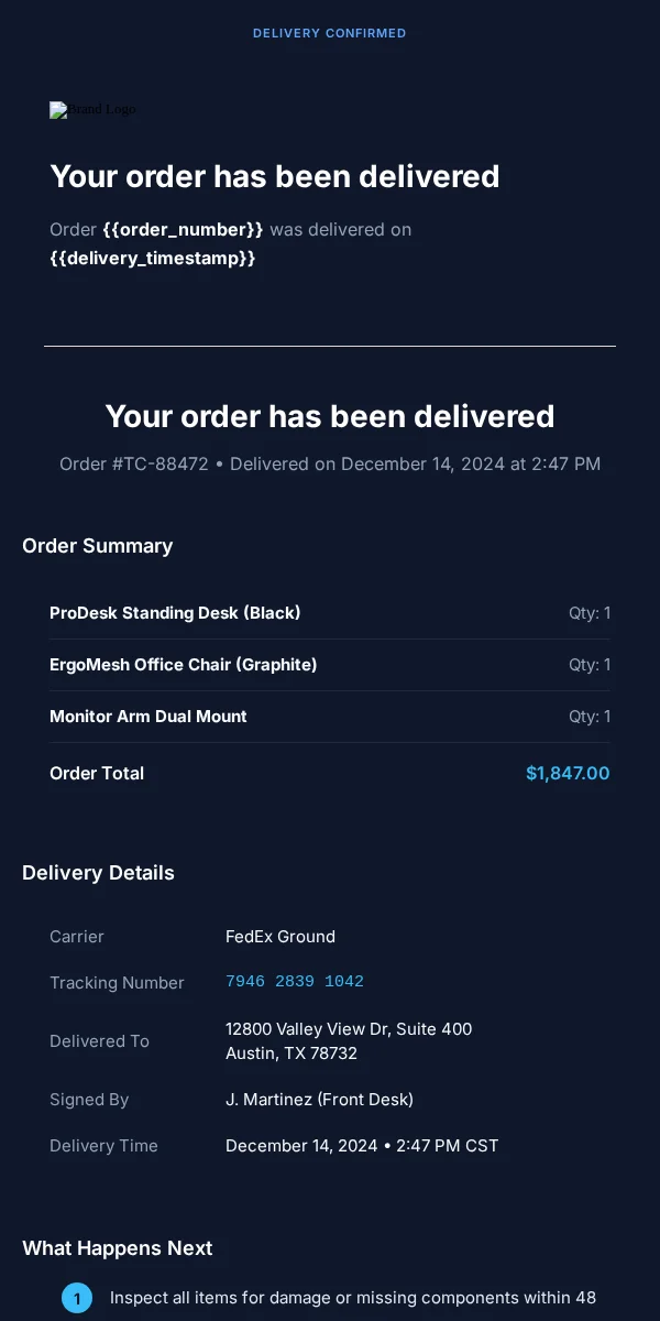 Delivery Confirmation Email Template for Technology