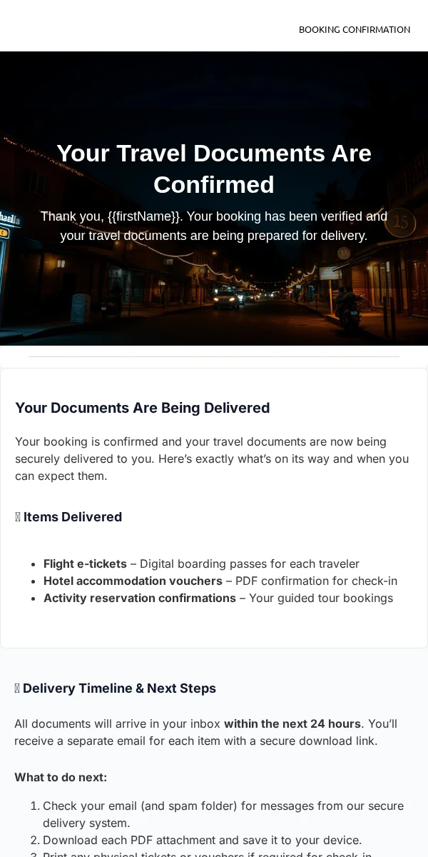 Delivery Confirmation Email Template for Travel Hospitality
