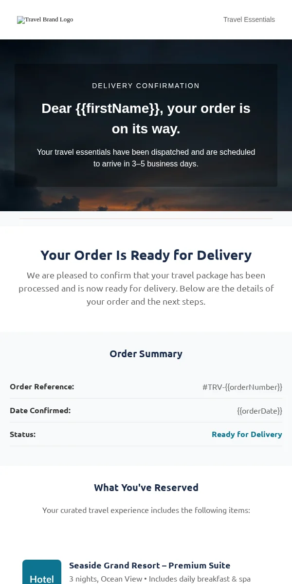 Delivery Confirmation Email Template for Travel Hospitality
