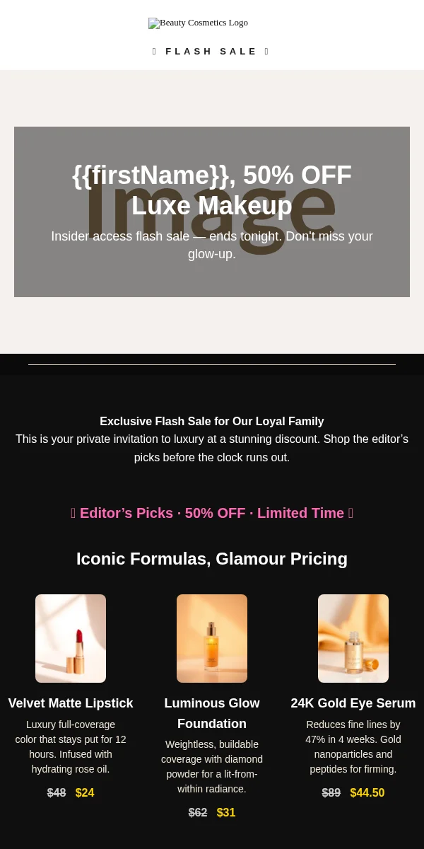 Flash Sale Email Template for Beauty Cosmetics