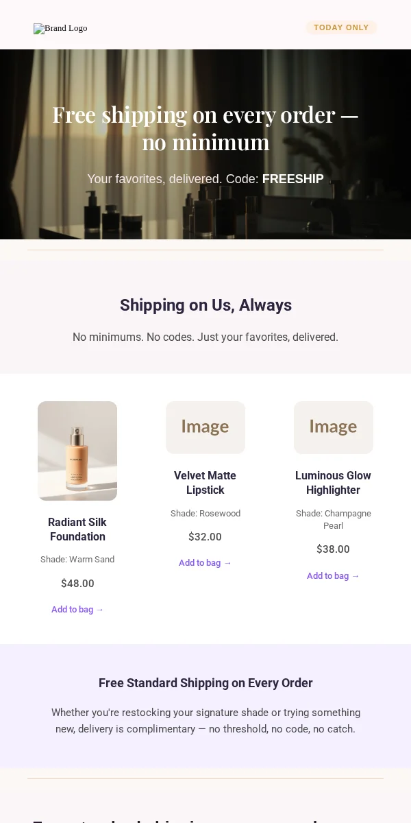 Free Shipping Offer Email Template for Beauty Cosmetics