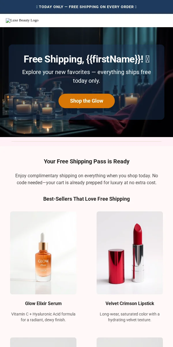 Free Shipping Offer Email Template for Beauty Cosmetics