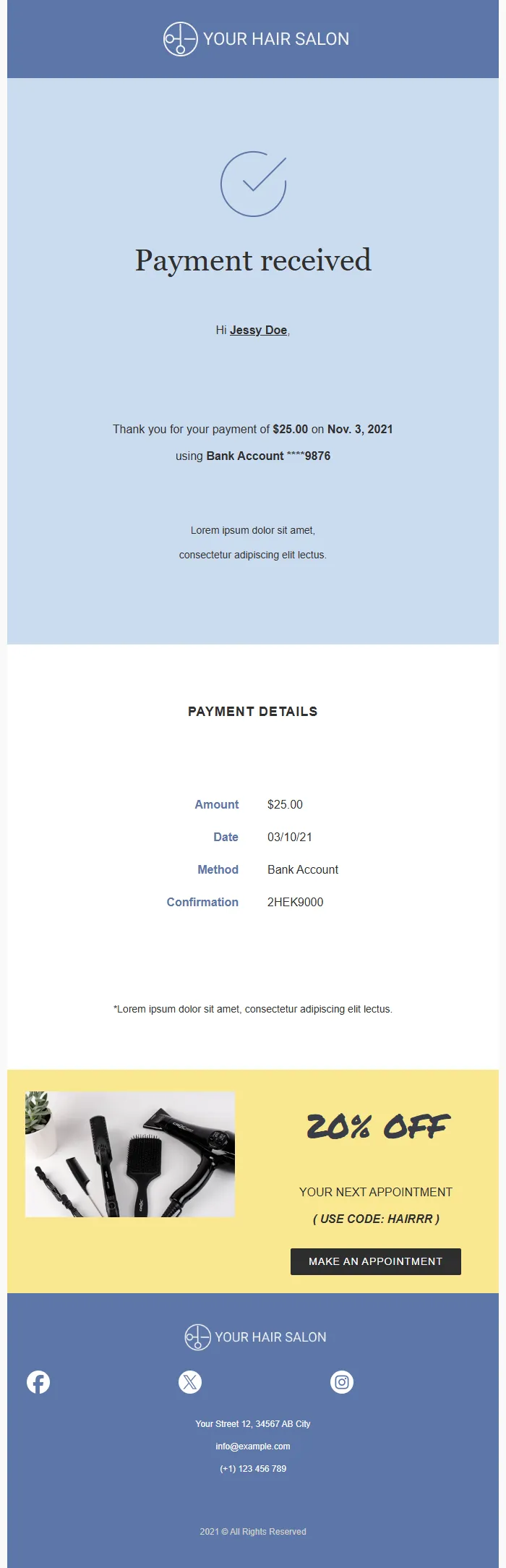 Hair Salon Payment Confirmation Email Template