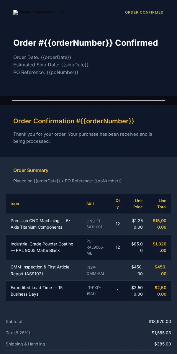 Receipt Email Template for Manufacturing