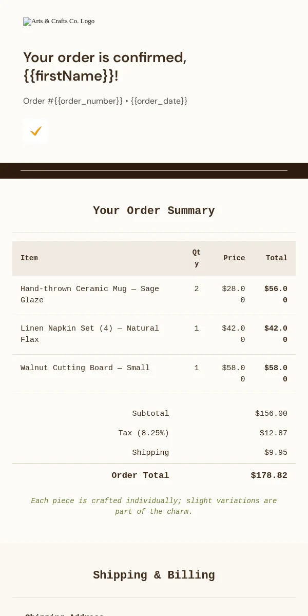 Receipt Email Template for Arts Crafts