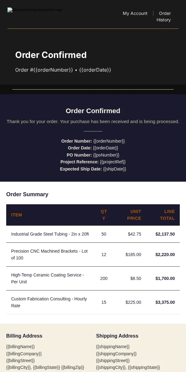 Receipt Email Template for Manufacturing Industrial