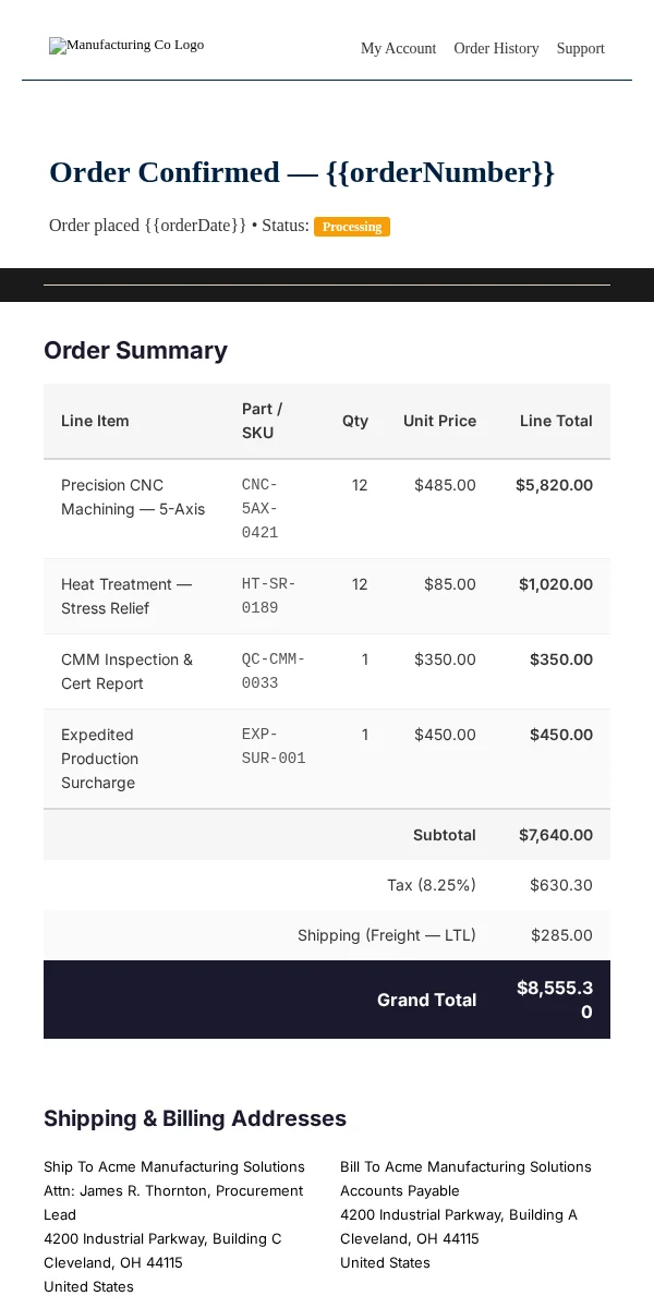 Receipt Email Template for Manufacturing Industrial