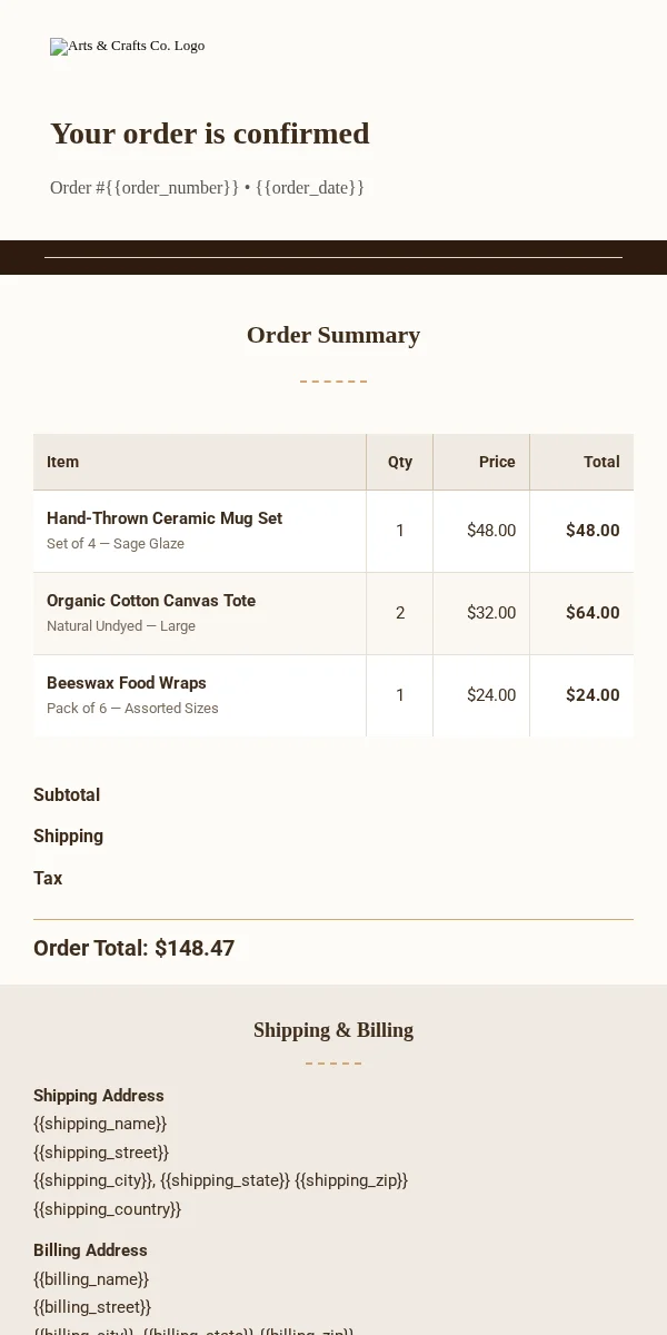 Receipt Email Template for Arts Crafts