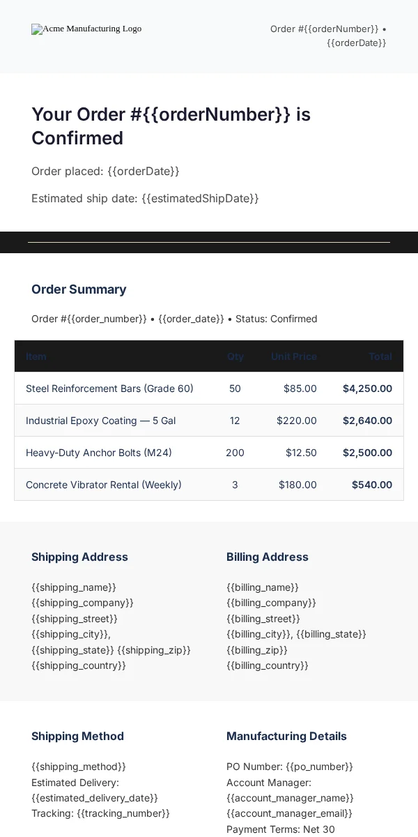 Receipt Email Template for Manufacturing
