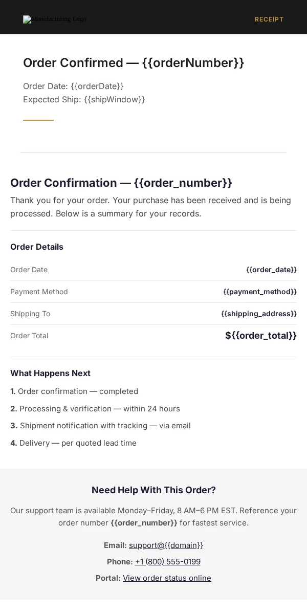 Receipt Email Template for Manufacturing Industrial