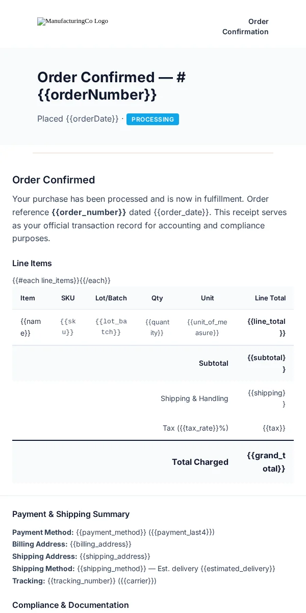 Receipt Email Template for Manufacturing