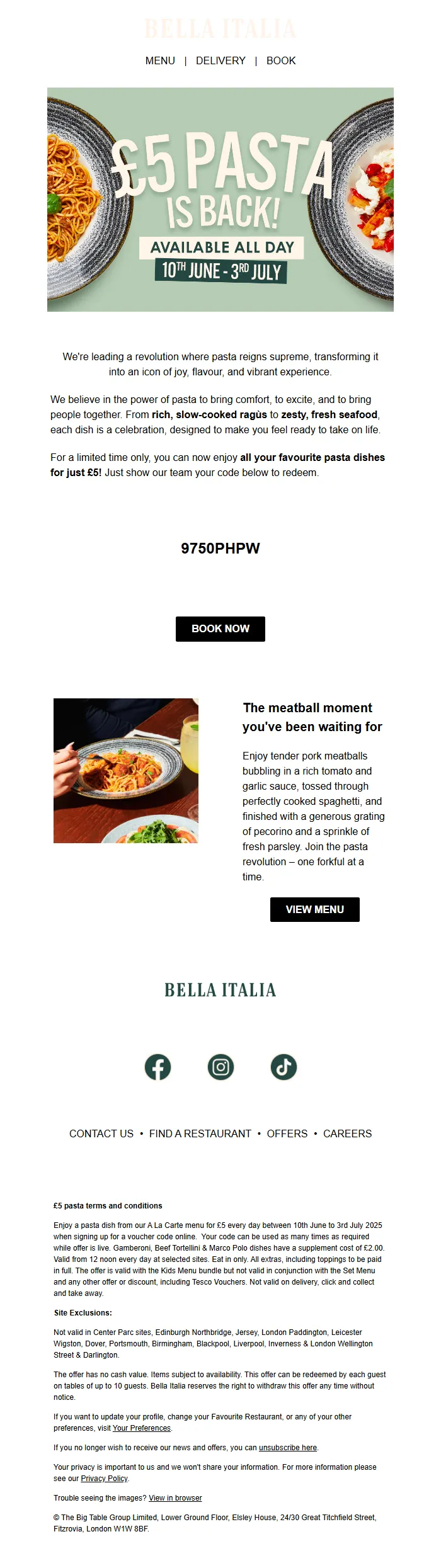 Restaurant Pasta Promotion Email Template for Dining Offers