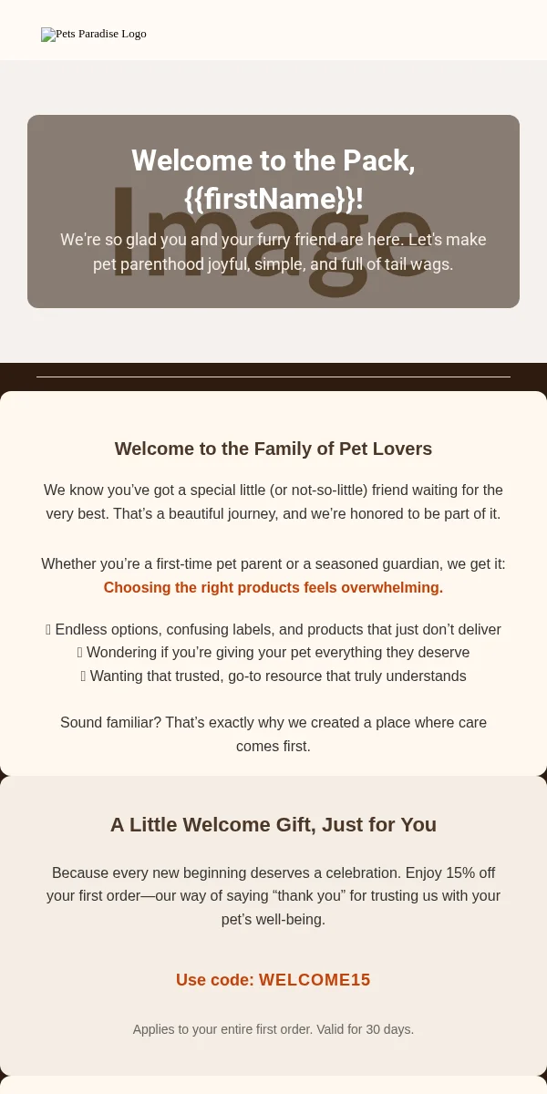 Welcome Email Template for Pets Animals