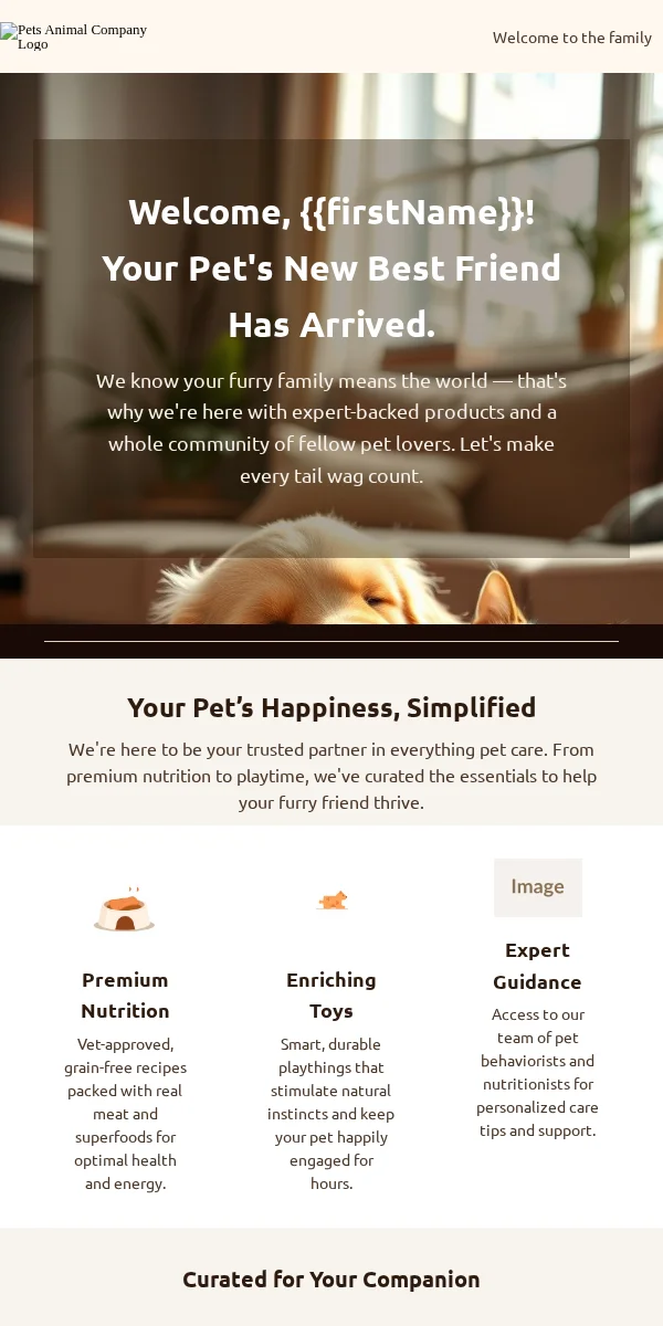 Welcome Email Template for Pets Animals