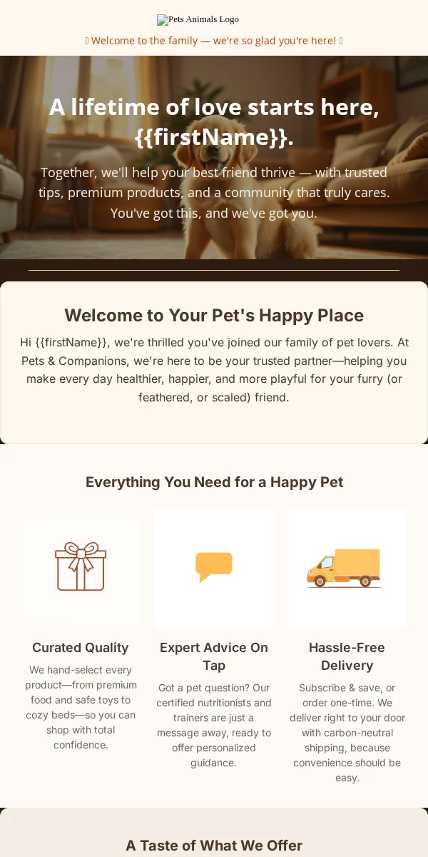 Welcome Email Template for Pets Animals